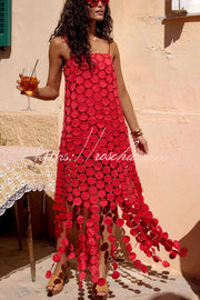 Embroidered Polka Dot Square Neck Tassel Hem Slip Maxi Dress