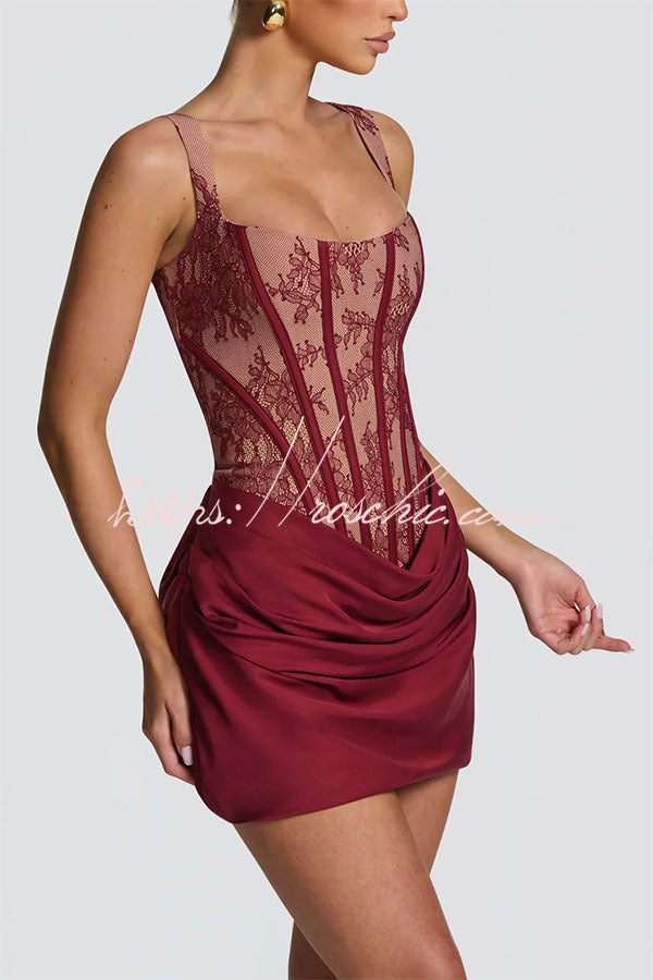 Floral Lace Corset Mini Dress with Satin Hem