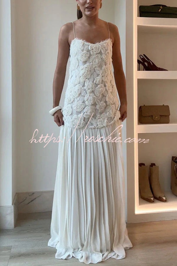 Floral Applique Pleated Chiffon Maxi Slip Dress