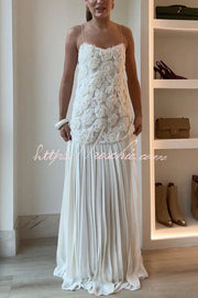 Floral Applique Pleated Chiffon Maxi Slip Dress