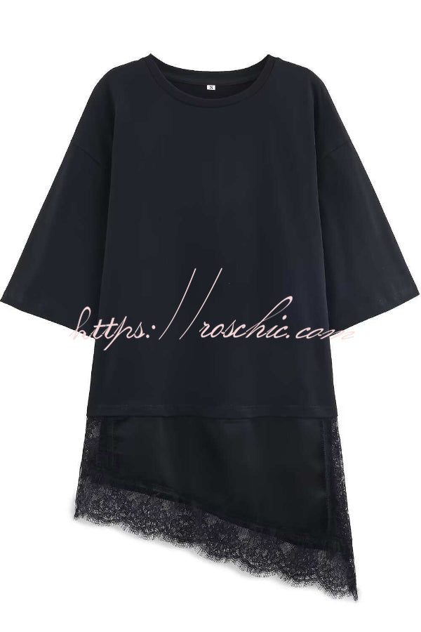 Lace Hem Loose Fit Round Neck Short Sleeve T-Shirt
