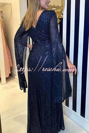 Sequin Cape Sleeve Cross-Waist Evening Maxi Dress