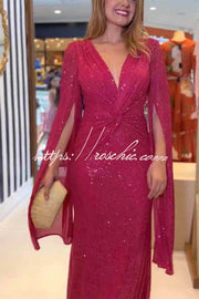 Sequin Cape Sleeve Cross-Waist Evening Maxi Dress