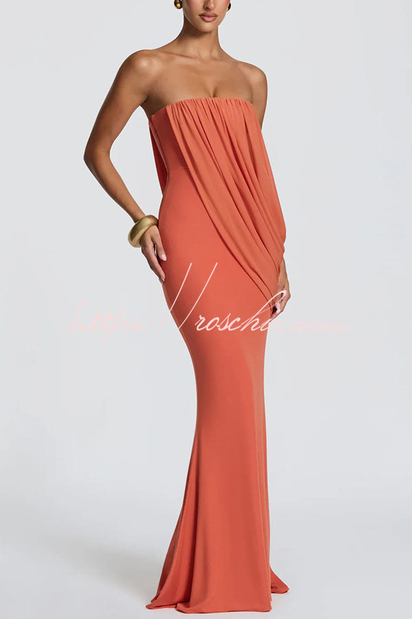 Modal Knit Strapless Maxi Dress with Asymmetric Draped Mesh