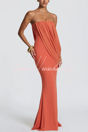 Modal Knit Strapless Maxi Dress with Asymmetric Draped Mesh