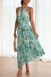 Floral Cutout Neck Pleated Midi Dress – Loose Fit