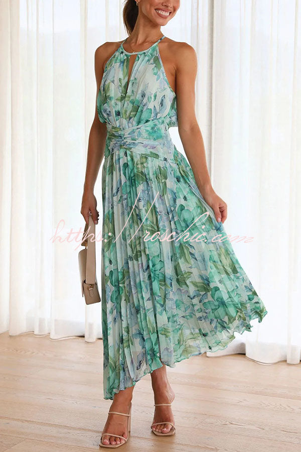 Floral Cutout Neck Pleated Midi Dress – Loose Fit