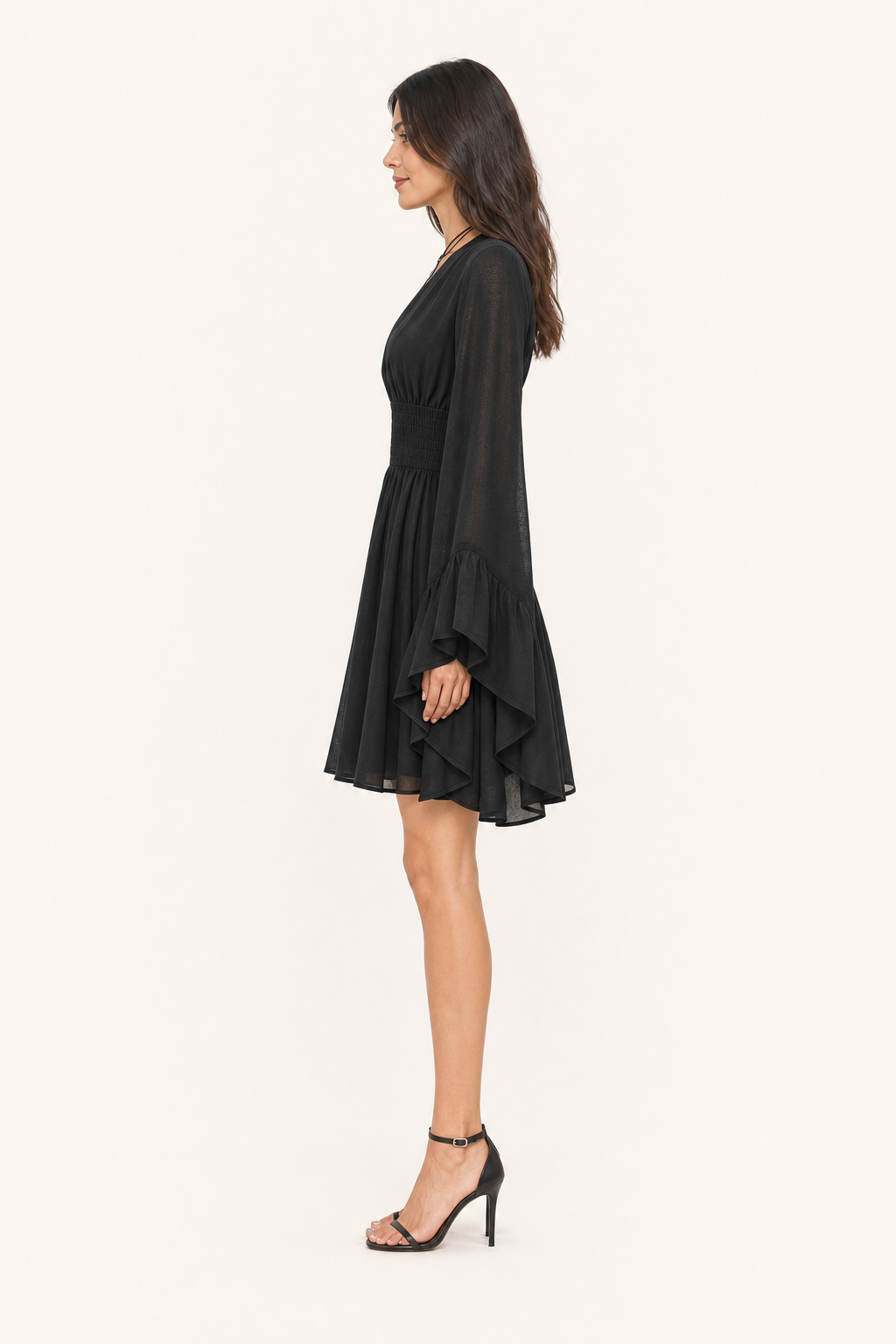 Gothic V-Neck Mini Dress - Long Sleeve Belted Fitted Dress