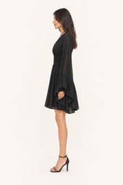 Gothic V-Neck Mini Dress - Long Sleeve Belted Fitted Dress