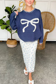 Christmas Bow Knit Sweater – Contrast Color Long Sleeve