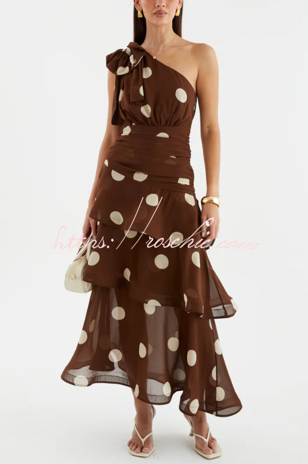 Polka Dot One-Shoulder Sleeveless Layered Mesh Maxi Dress