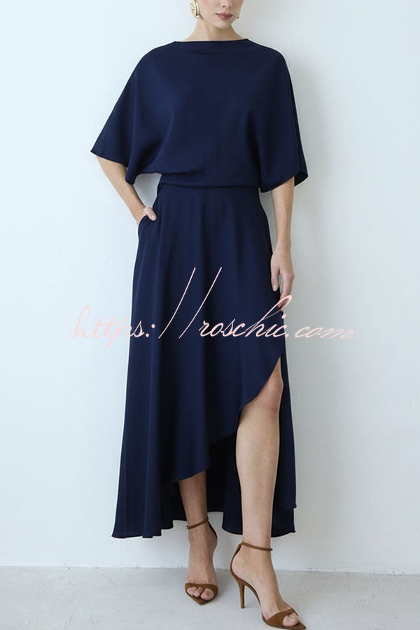 Satin Wrap Maxi Dress with Wide Sleeves and Pocket