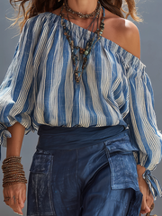 Indigo Stripe Off Shoulder Blouse | Boho Beach Top