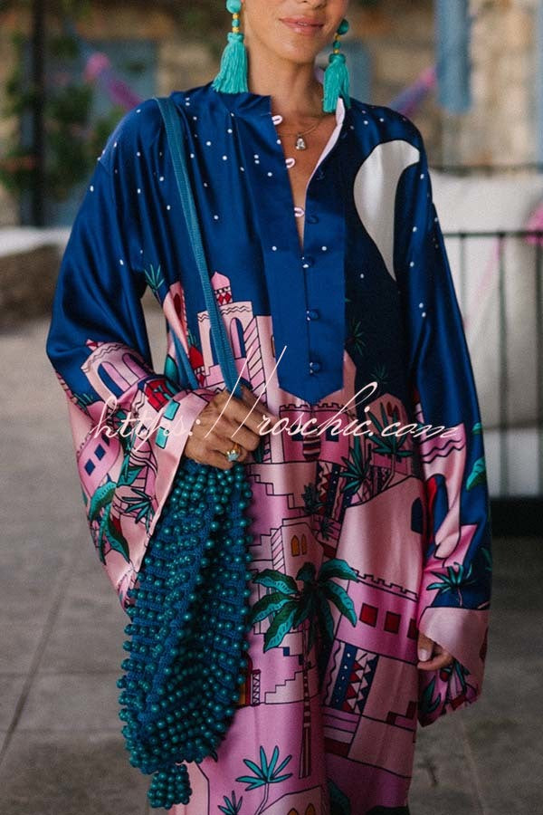 Satin Print Button-Up Kaftan Midi Dress with Long Sleeves