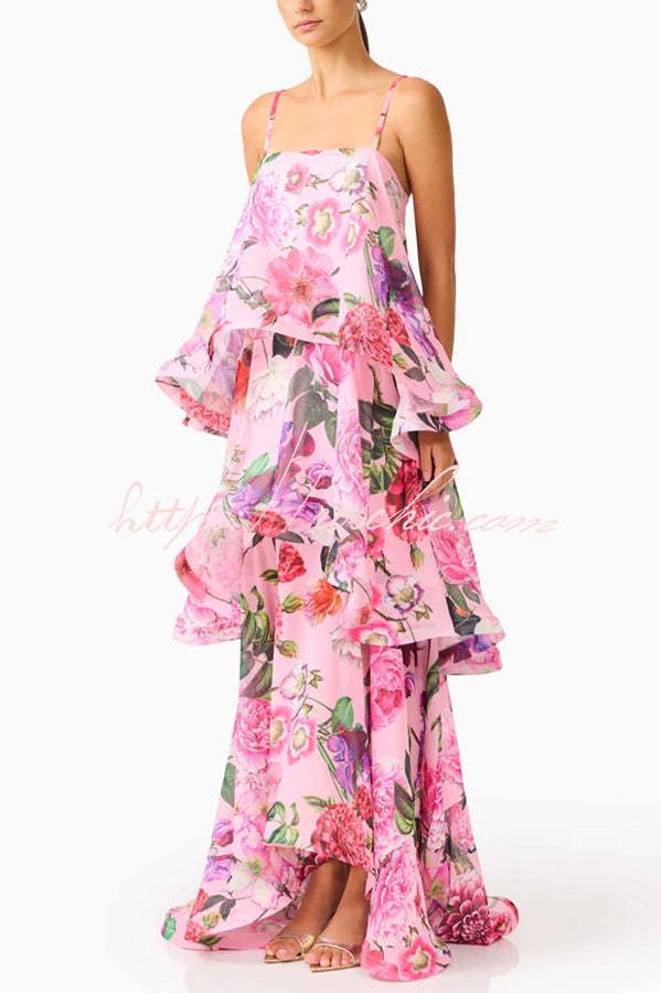 Floral Print Georgette Tiered Maxi Dress – Square Neck