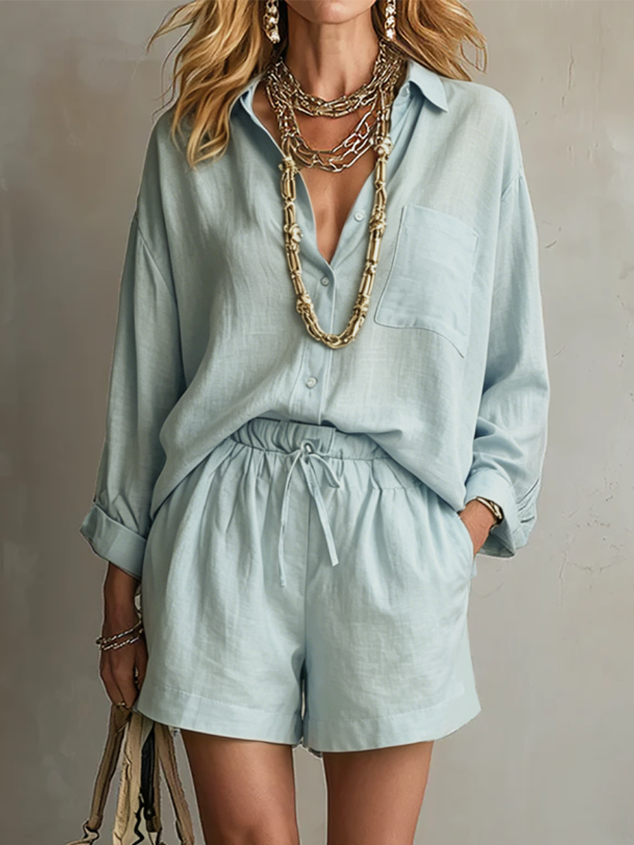 Sage Linen Shirt & Drawstring Shorts Set | Relaxed Pants Set