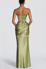 Satin One-Shoulder Maxi Dress with Corset Back Lace-Up