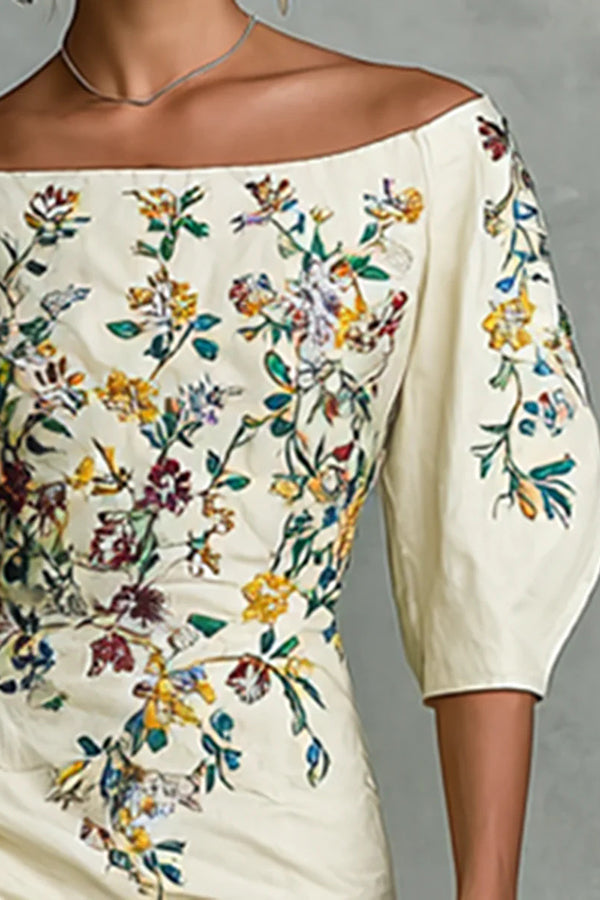 Floral Off-Shoulder Puff Sleeve Fitted Midi Dress