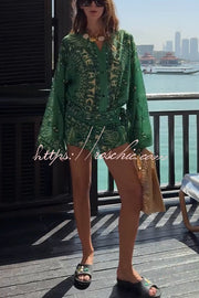 Linen Blend Ethnic Print Bell Sleeve Mini Wrap Dress