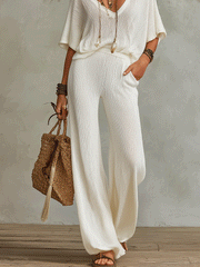 Ribbed V-Neck Tee & Wide-Leg Flowy Pants Set | Boho Two-Piece