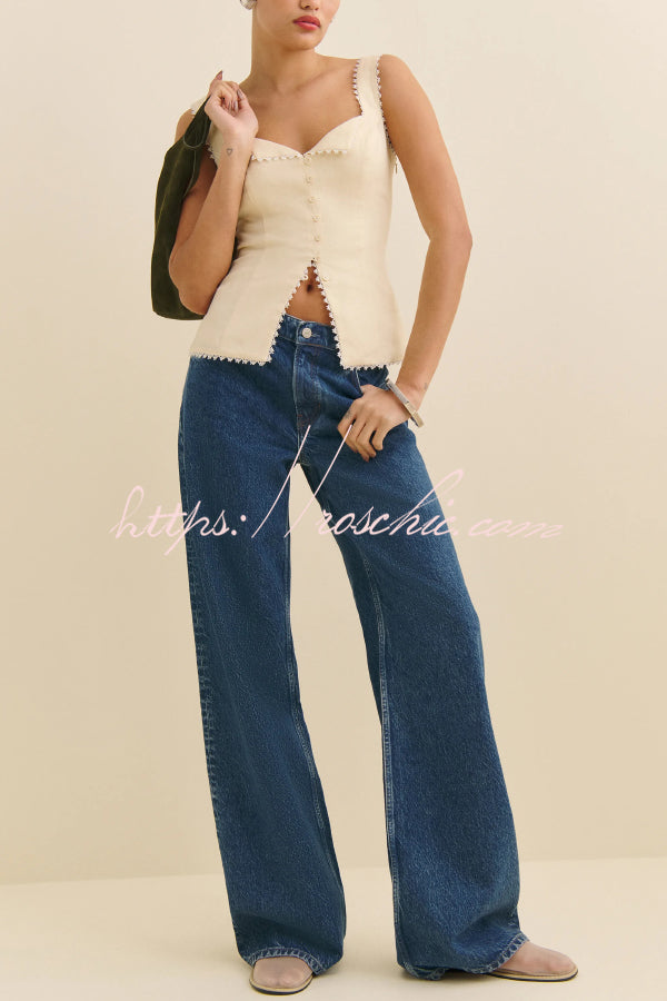 Gilet sans manches à col en V et bordure en dentelle | Coupe slim en mélange de lin