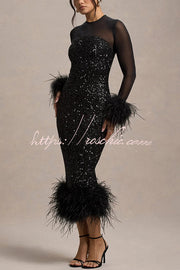 Sequin Feather Trim Midi Dress – Long Sleeve Party Dress