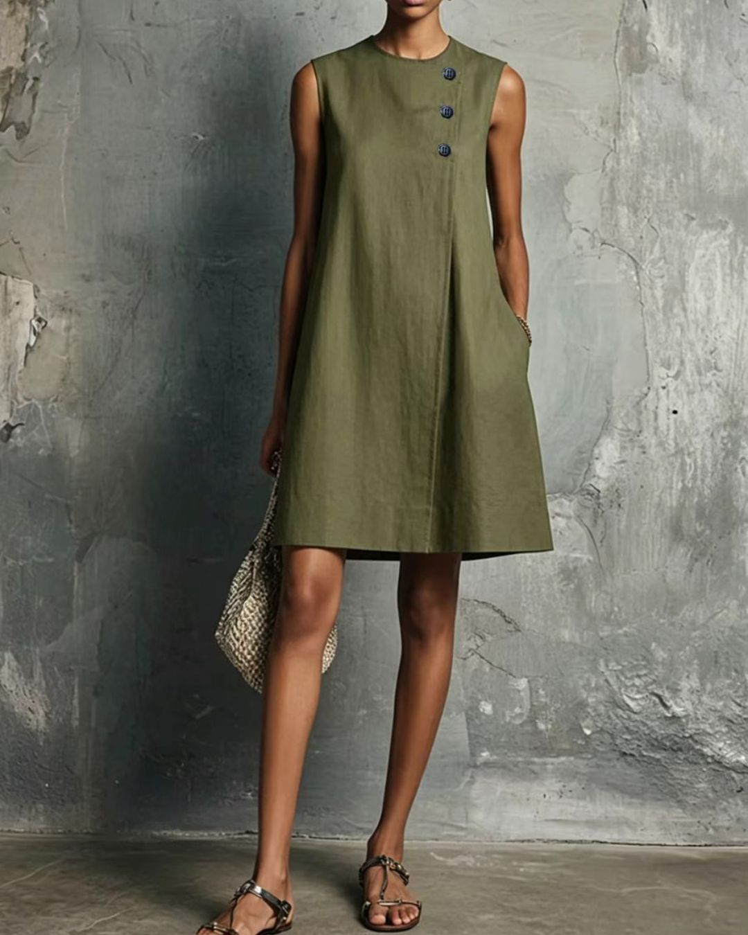 Linen Round Neck Buttons Mini Dress