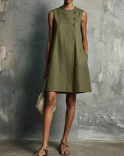 Linen Round Neck Buttons Mini Dress