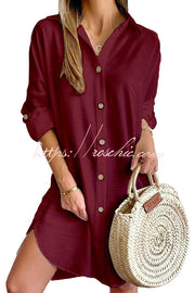 Solid Color Button-Down Mini Dress – Casual Loose Fit