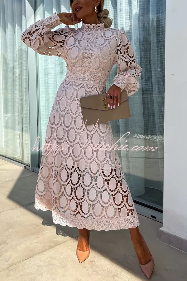 Crochet Lace Lantern Sleeve Midi Dress for Parties