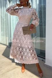 Crochet Lace Lantern Sleeve Midi Dress for Parties