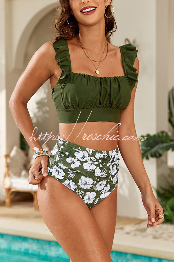 Botanical Print Ruffled Bikini Set | Square Neck Swimsuit