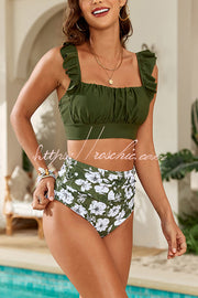 Botanical Print Ruffled Bikini Set | Square Neck Swimsuit