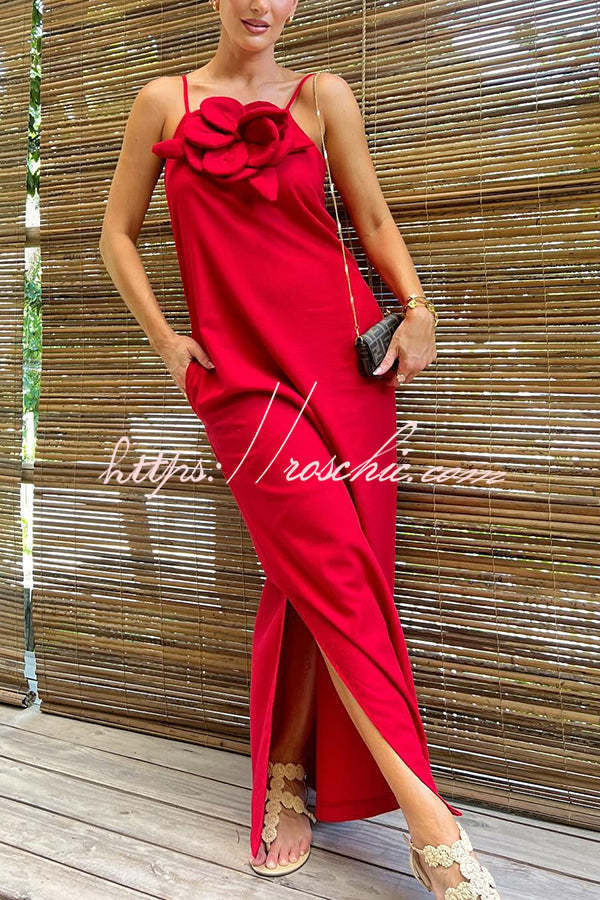 Linen Blend Floral Embellishment Maxi Dress with Pockets