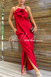 Linen Blend Floral Embellishment Maxi Dress with Pockets
