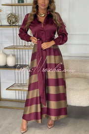 Satin Colorblock Long Sleeve Belted Maxi Shirt Dress