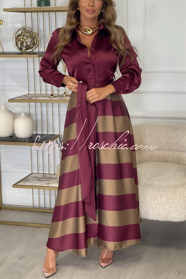Robe chemise longue en satin color block à manches longues avec ceinture