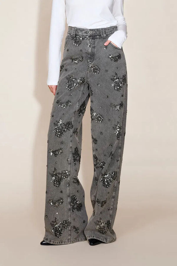 Beaded Sequin Floral Wide Leg Jeans Mid Rise with Pockets
