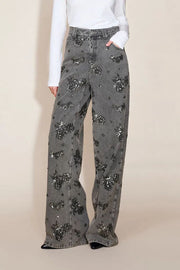 Beaded Sequin Floral Wide Leg Jeans Mid Rise with Pockets