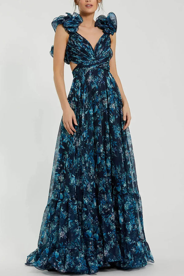 Floral Chiffon Tiered Ruffle Cutout Back Maxi Dress