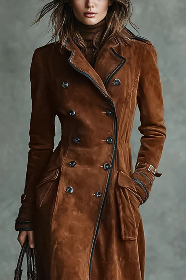 Women's Suede Lapel Long Trench Coat with Pockets