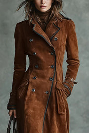 Women's Suede Lapel Long Trench Coat with Pockets