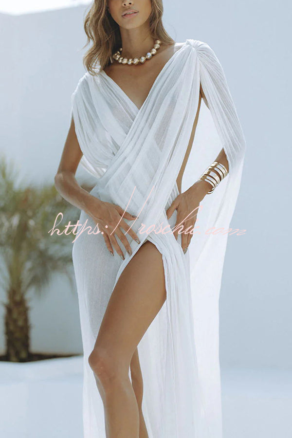 Linen Blend Ruched Shoulder Maxi Dress | Vacation Cover Up