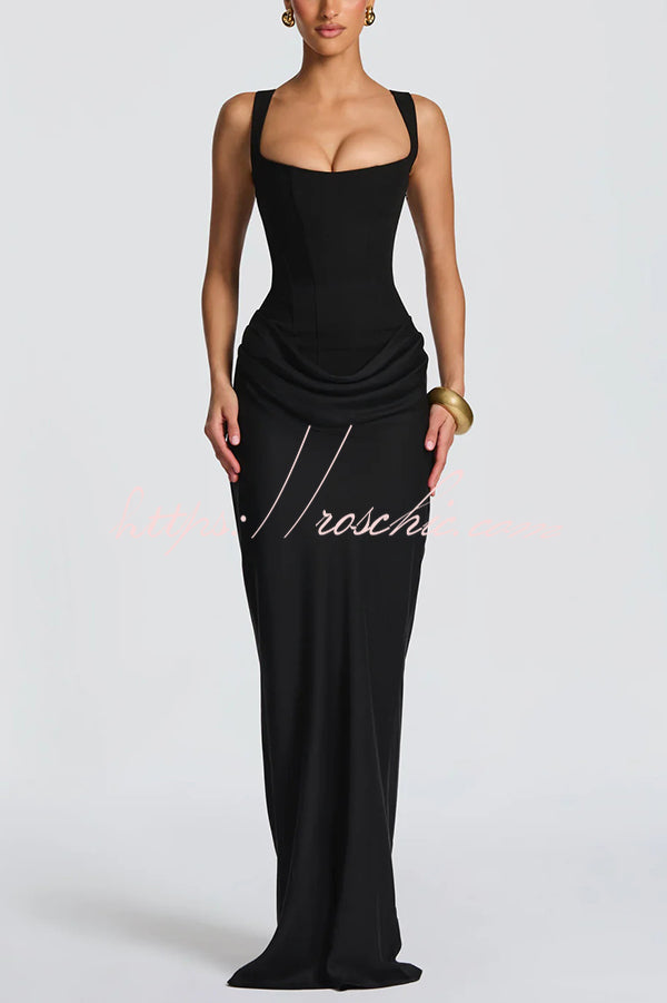 Square Neck Satin Drape Maxi Dress with Lace-Up Back
