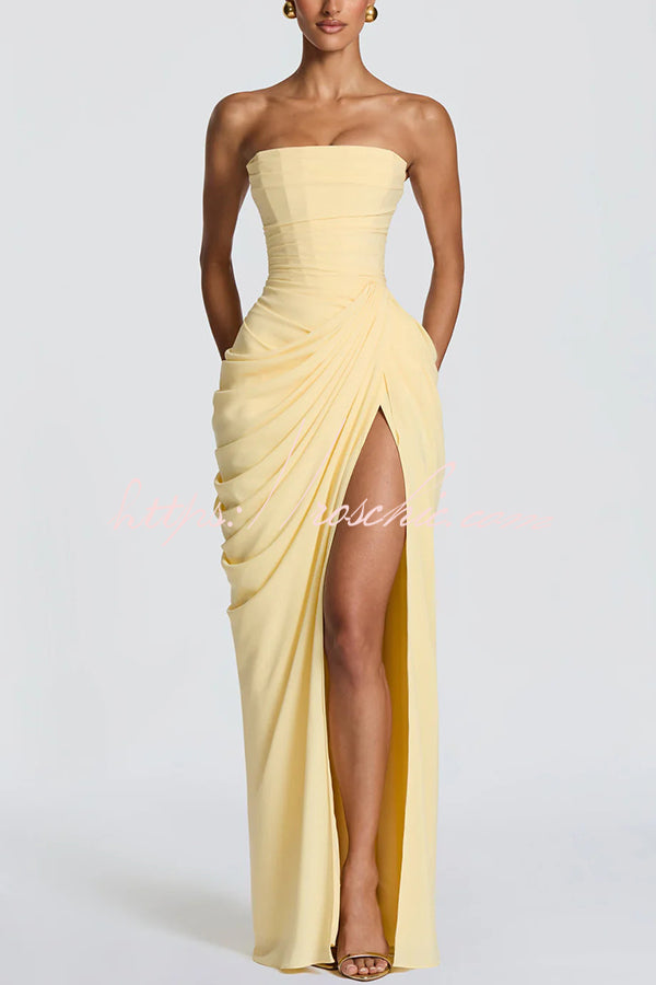 Chiffon Strapless Maxi Dress with Asymmetrical Pleats & Slit