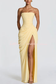 Chiffon Strapless Maxi Dress with Asymmetrical Pleats & Slit