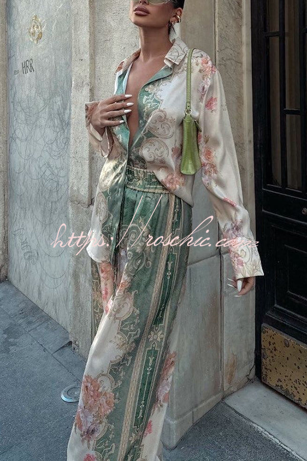 Ensemble chemise et pantalon à manches longues imprimé en satin, coupe ample