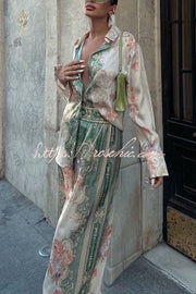 Ensemble chemise et pantalon à manches longues imprimé en satin, coupe ample