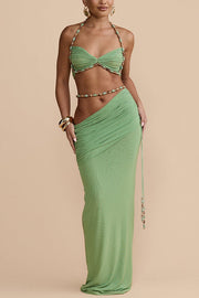 Stretch Mesh Beaded Sweetheart Crop Halter Top