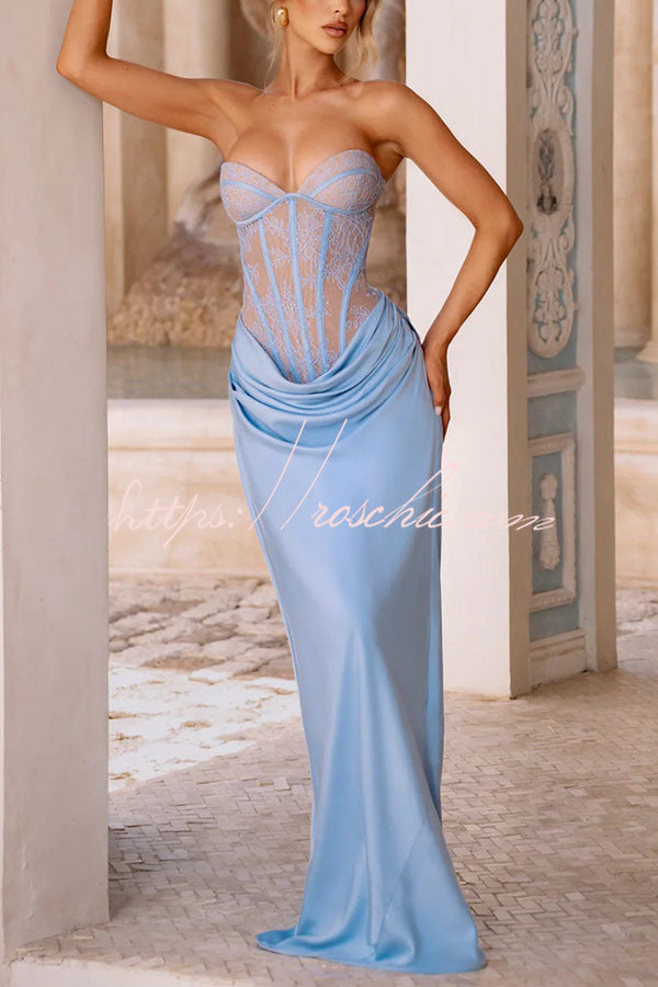 Floral Lace Strapless Maxi Dress with Lace-Up Back
